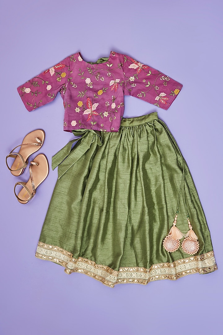 Sage Green Silk Blend Lehenga Set For Girls by Little People Label at Pernia's Pop Up Shop