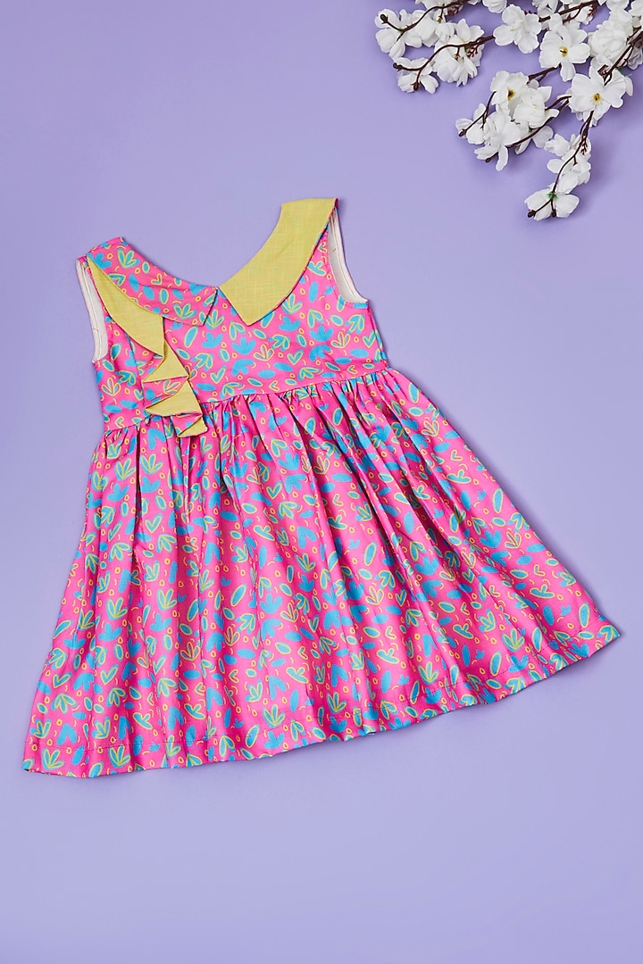 Pink Cotton Linen Floral Printed Dress For Girls by Little People Label at Pernia's Pop Up Shop