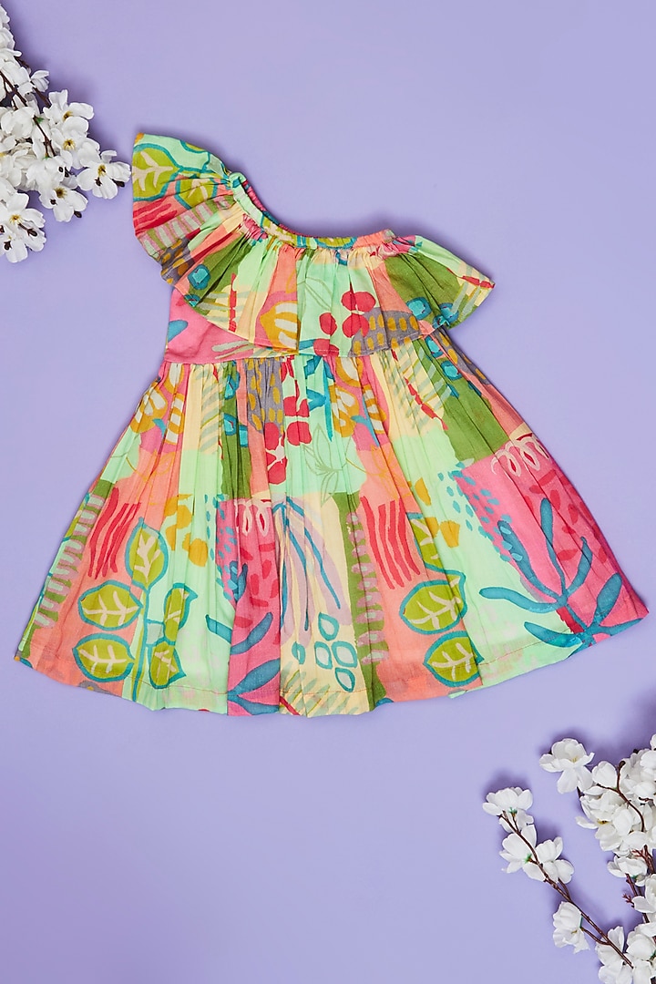 Multi-Colored Mul Floral Leaf Printed One-Shoulder Dress For Girls by Little People Label at Pernia's Pop Up Shop