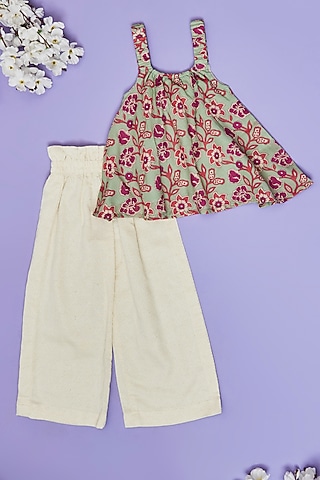 Ivory Cotton Pant Set For Girls by Little People Label