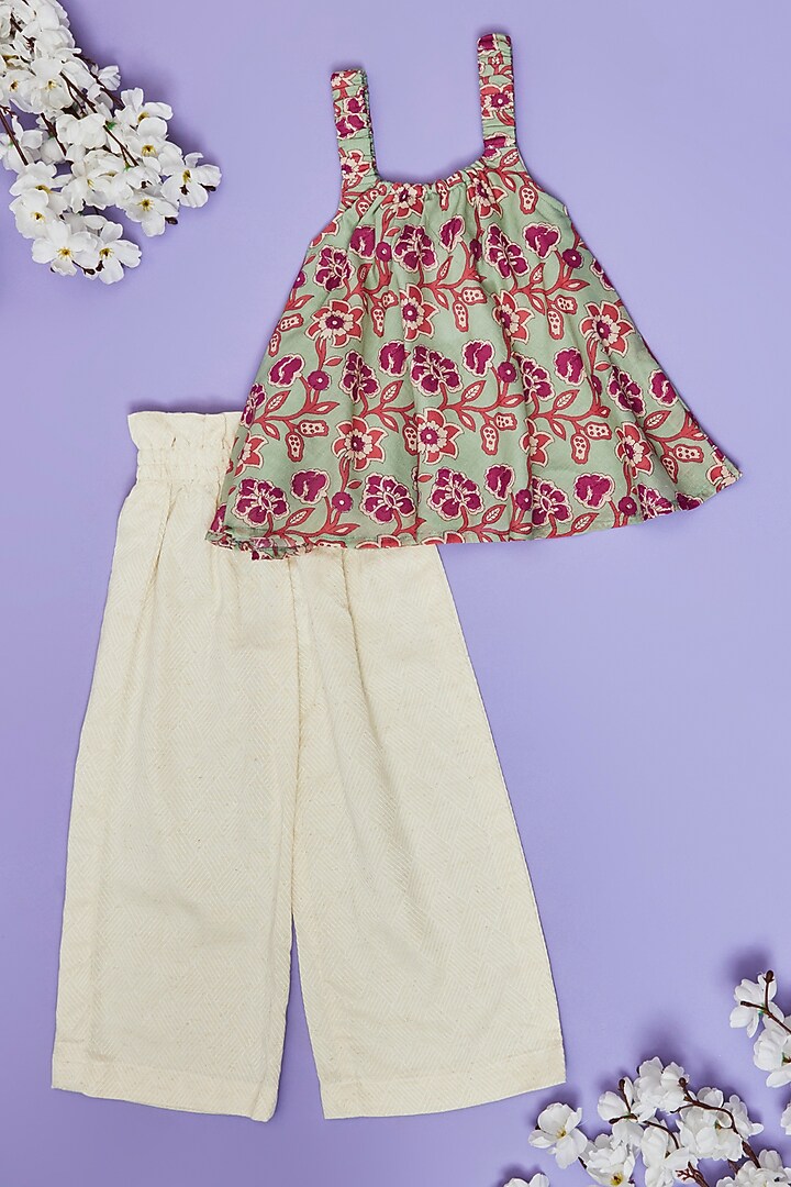 Ivory Cotton Pant Set For Girls by Little People Label at Pernia's Pop Up Shop