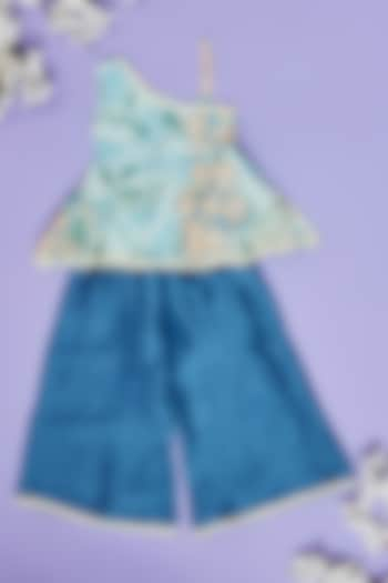 Powder Blue Muslin Floral Printed Co-Ord Set For Girls by Little People Label at Pernia's Pop Up Shop