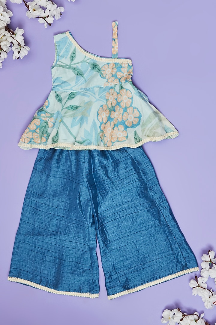 Powder Blue Muslin Floral Printed Co-Ord Set For Girls by Little People Label at Pernia's Pop Up Shop