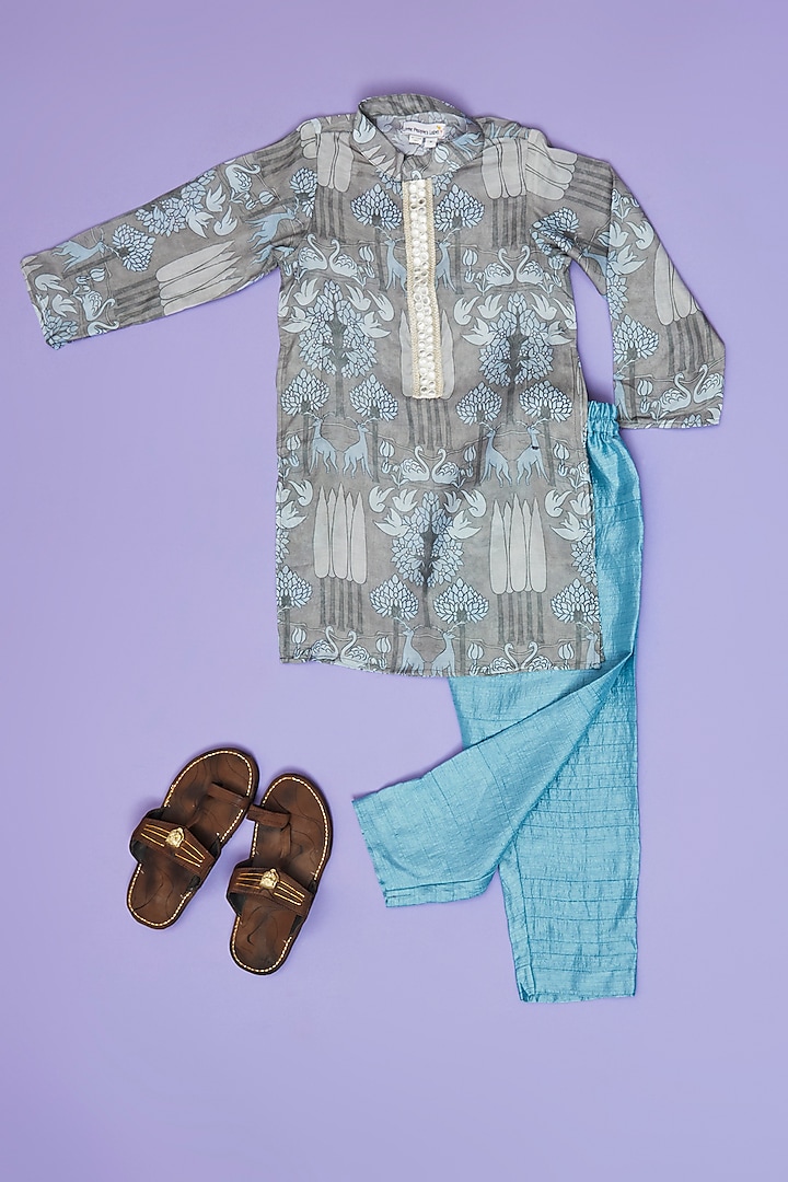 Grey Muslin Floral Printed Kurta Set For Boys by Little People Label