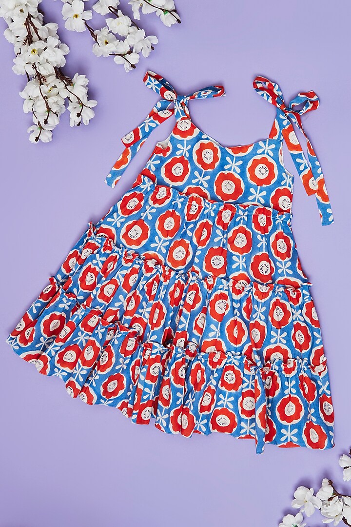 Multi-Colored Cotton Floral Printed Tie-Up Tiered Dress For Girls by Little People Label at Pernia's Pop Up Shop