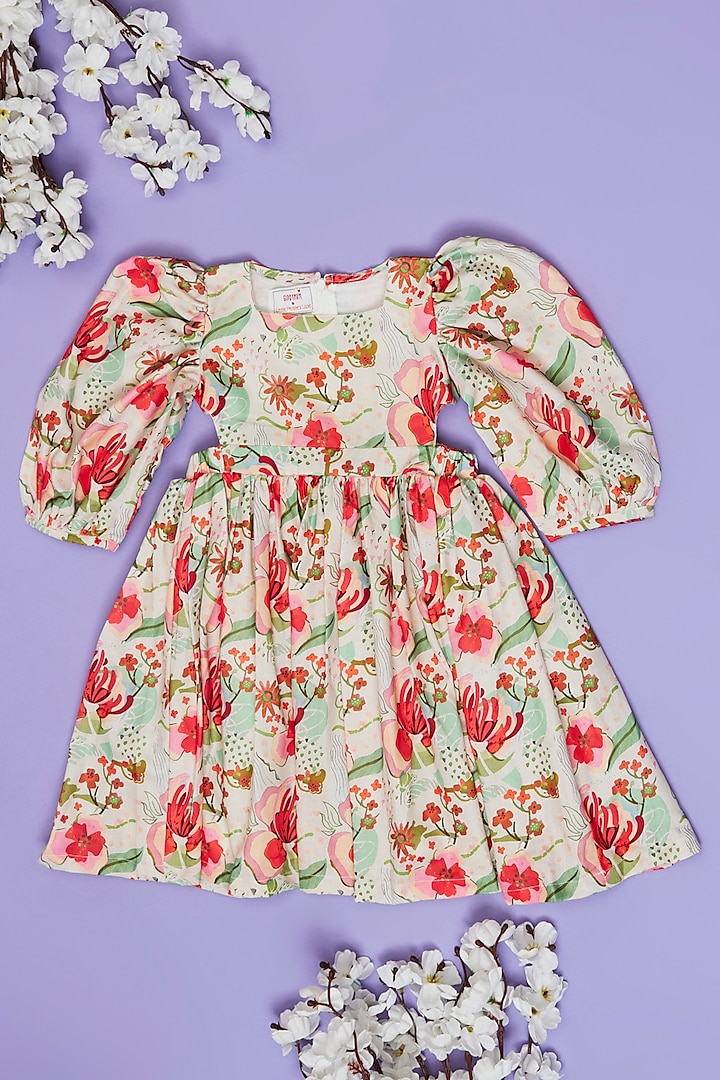 Multi-Colored Cotton Linen Floral Printed Cut-Out Dress For Girls by Little People Label at Pernia's Pop Up Shop