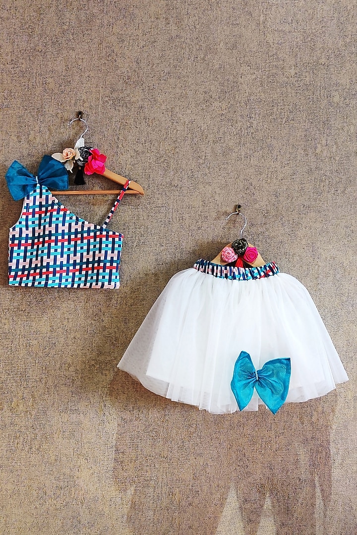 Blue & White Net Skirt Set For Girls by Little Secrets