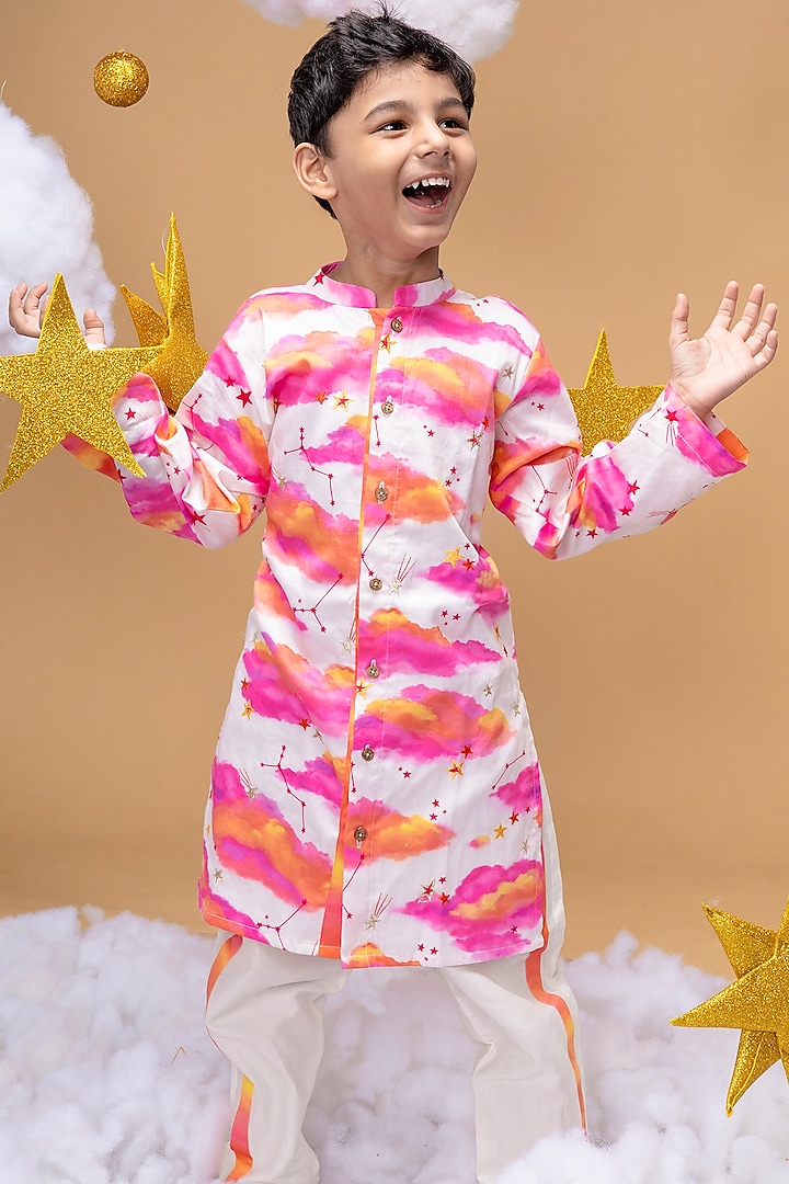 Off-White Cotton Satin Clouds Printed Kurta Set For Boys by Little Shiro