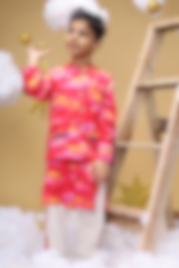 Pink Cotton Satin Clouds Printed Bundi Jacket Set For Boys by Little Shiro