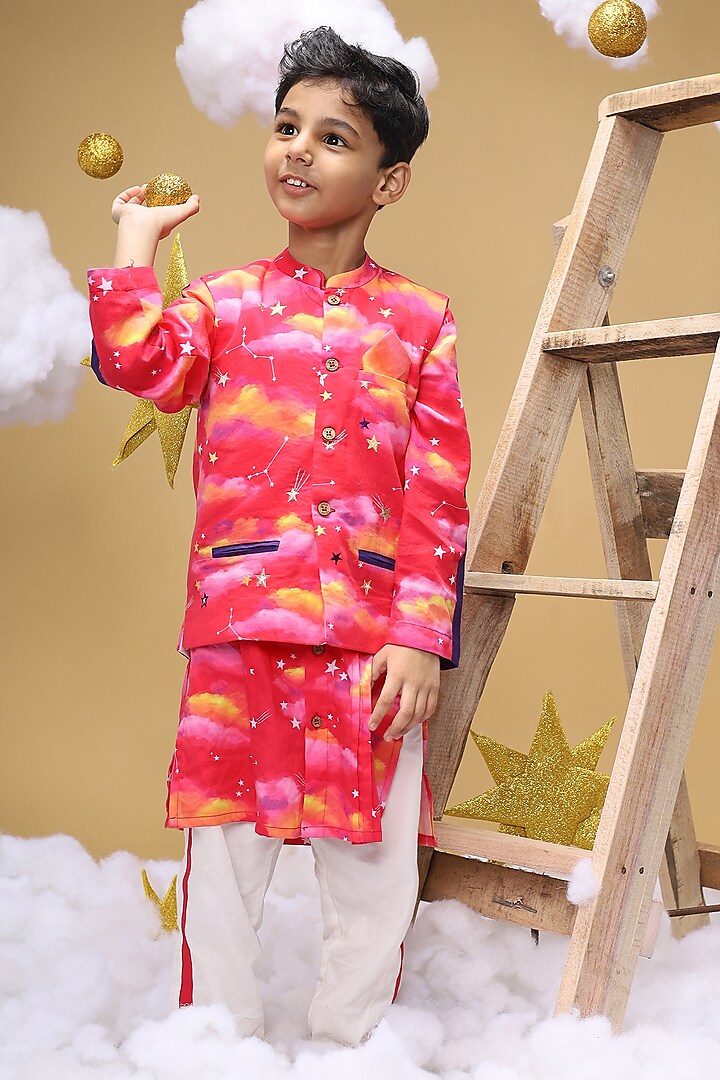 Pink Cotton Satin Clouds Printed Bundi Jacket Set For Boys by Little Shiro