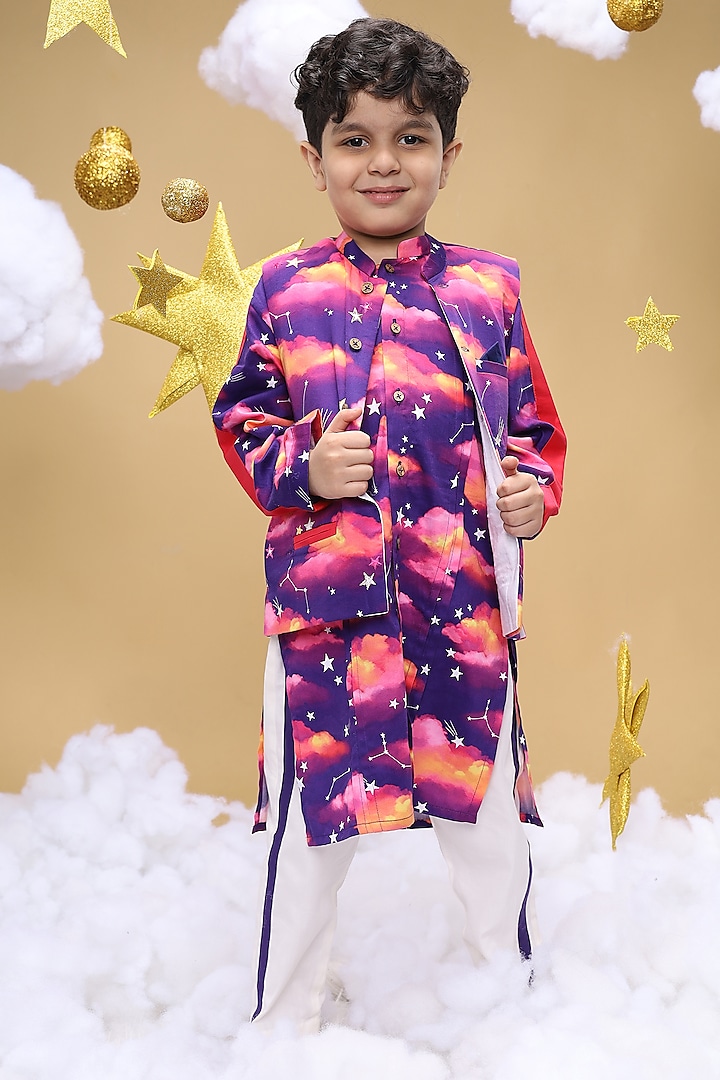 Purple Cotton Satin Clouds Printed Bundi Jacket Set For Boys by Little Shiro