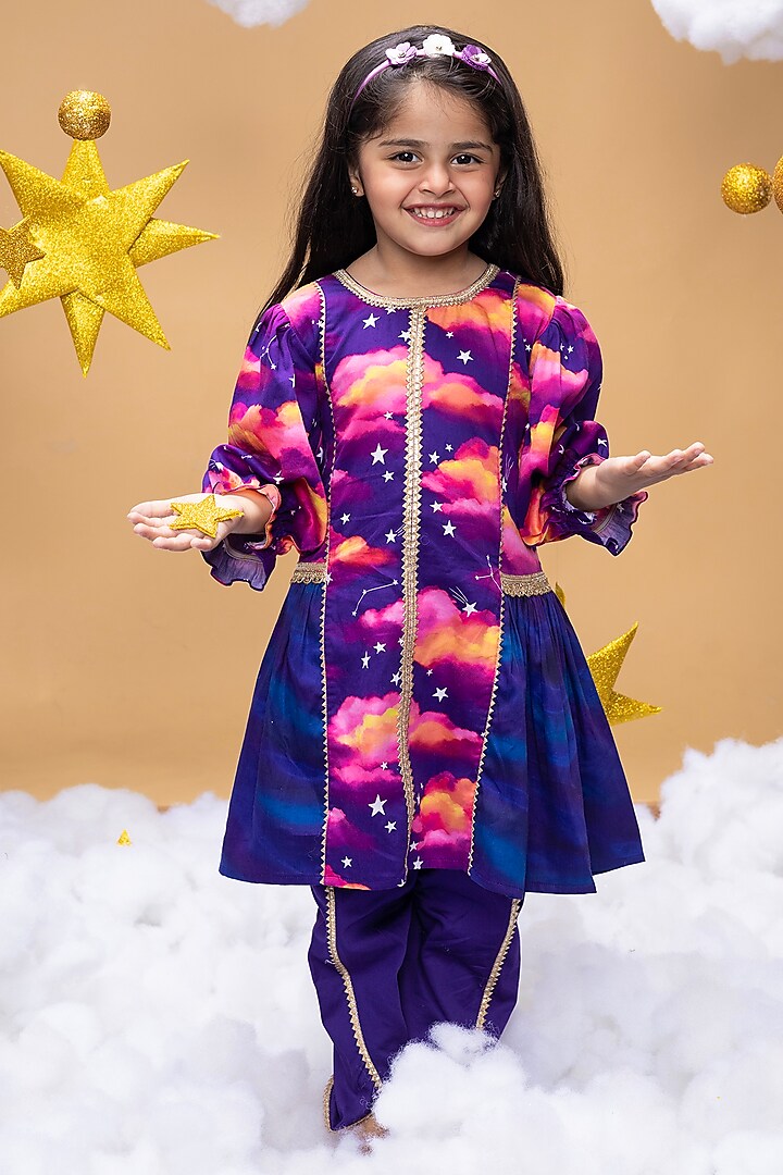 Purple & Blue Cotton Satin Clouds Printed Kurta Set For Girls by Little Shiro at Pernia's Pop Up Shop