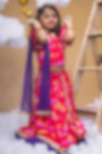 Pink Cotton Satin Clouds Printed Lehenga Set For Girls by Little Shiro at Pernia's Pop Up Shop