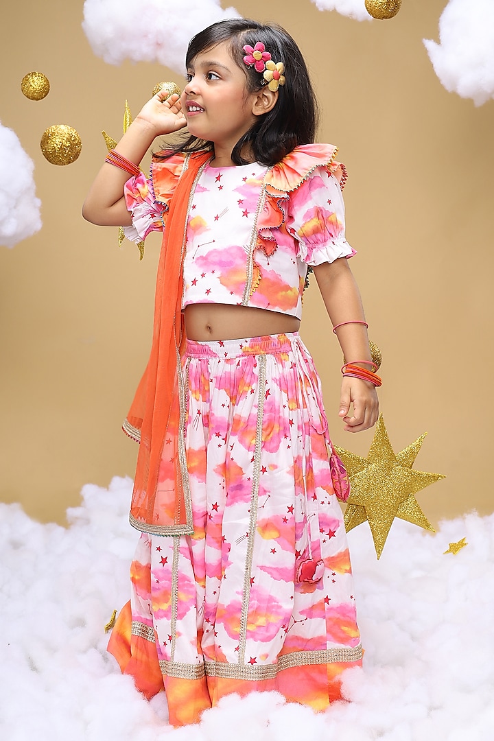 Off-White Cotton Satin Clouds Printed Lehenga Set For Girls by Little Shiro at Pernia's Pop Up Shop