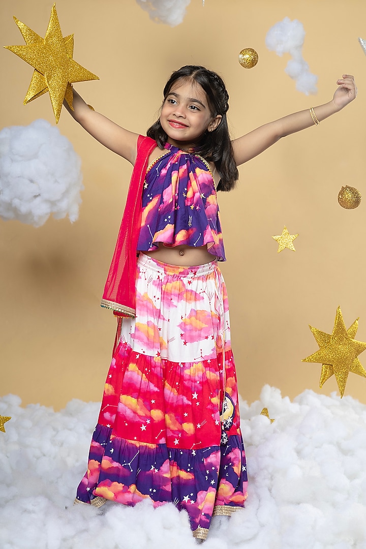 Multi-Colored Cotton Satin Clouds Printed Layered Lehenga Set For Girls by Little Shiro at Pernia's Pop Up Shop