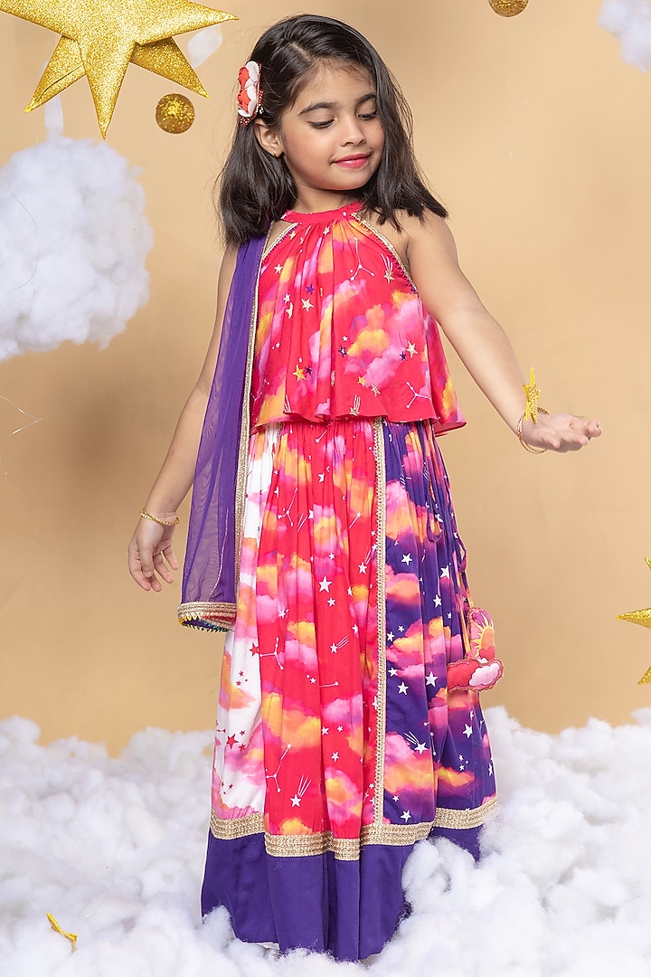 Pink Cotton Satin Clouds Printed Lehenga Set For Girls by Little Shiro at Pernia's Pop Up Shop
