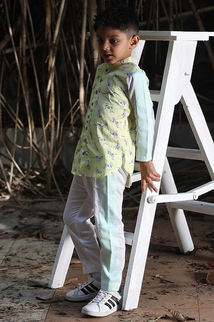 Off-White Cotton Satin Pant Set For Boys by Little Shiro