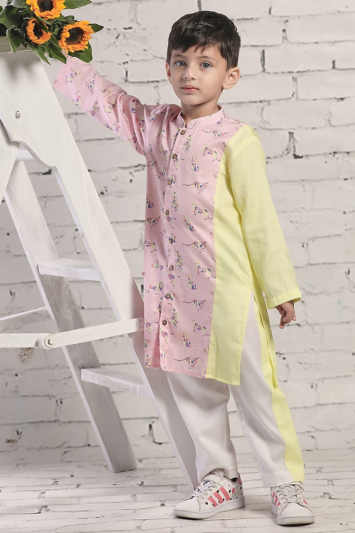 Pink & Yellow Cotton Satin Animal Printed Kurta Set For Boys by Little Shiro