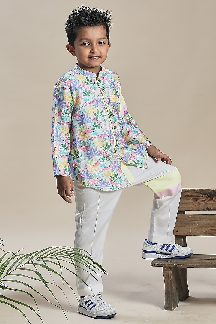 Off-White Cotton Satin Pant Set For Boys by Little Shiro