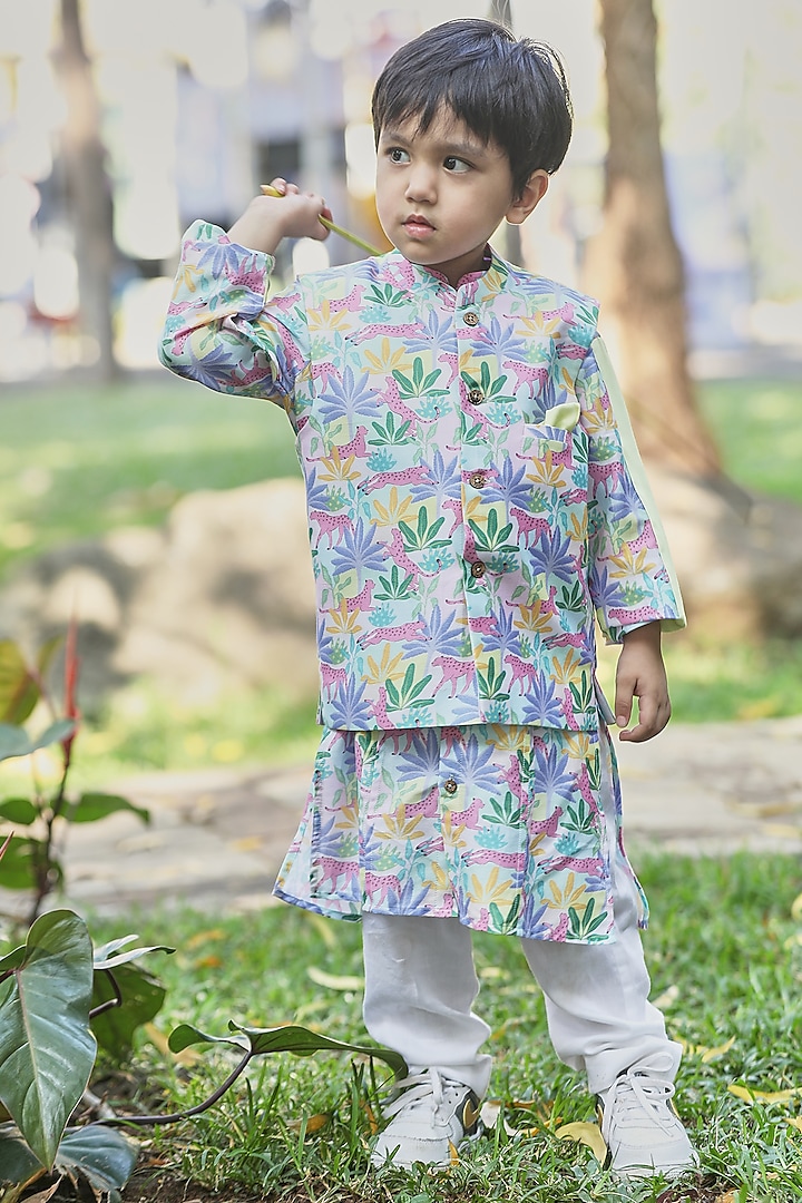 Multi-Colored Cotton Satin Animal Printed Bundi Jacket Set For Boys by Little Shiro