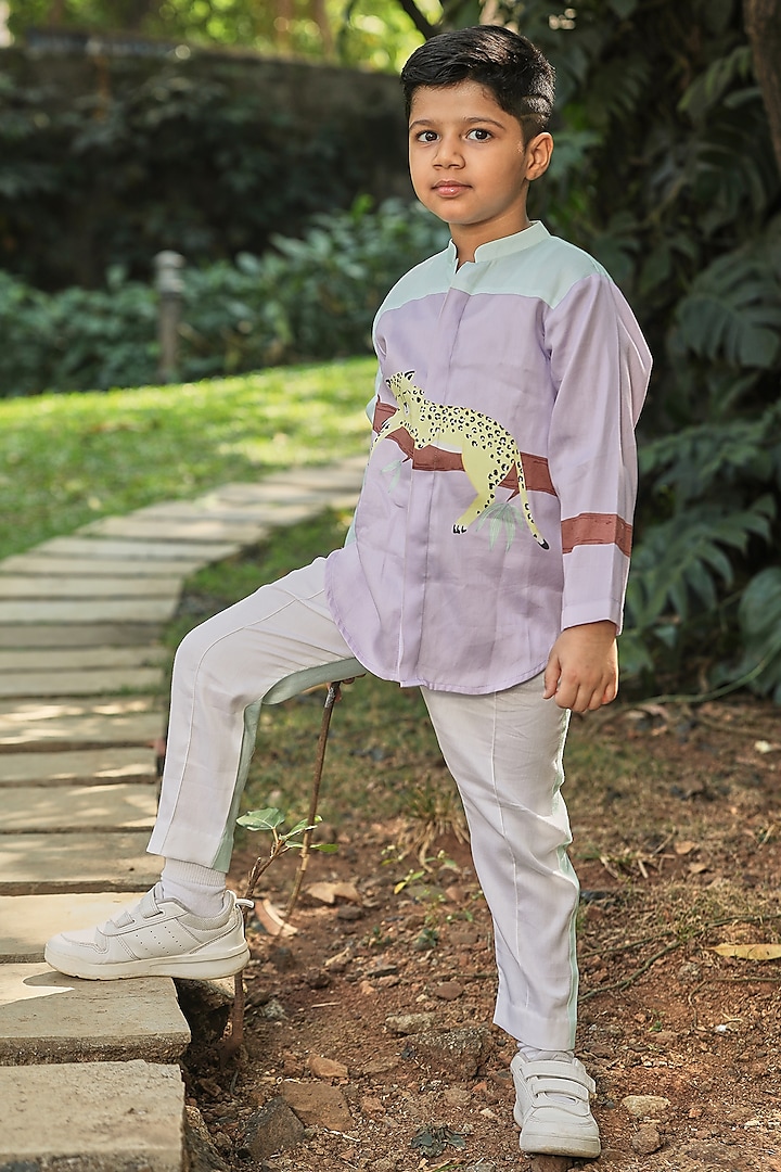 Off-White Cotton Satin Pant Set For Boys by Little Shiro