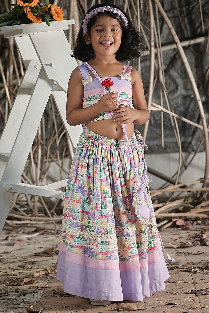 Multi-Colored Cotton Satin Tropical Printed Lehenga Set For Girls by Little Shiro