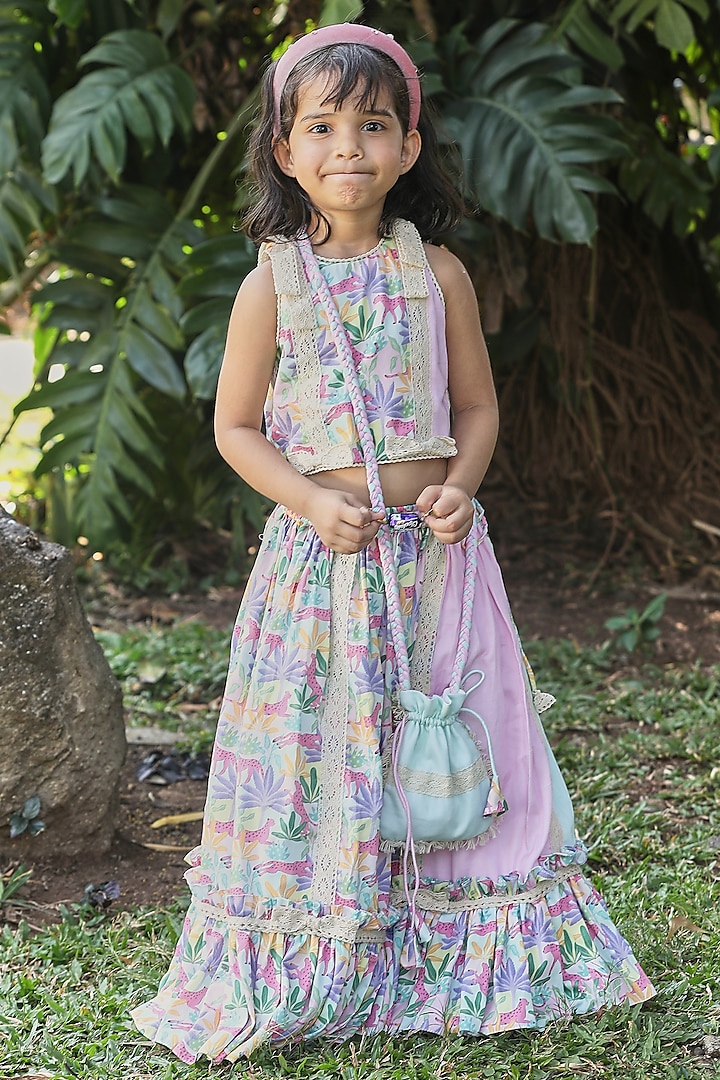 Multi-Colored Cotton Satin Tropical Printed Frilled Lehenga Set For Girls by Little Shiro