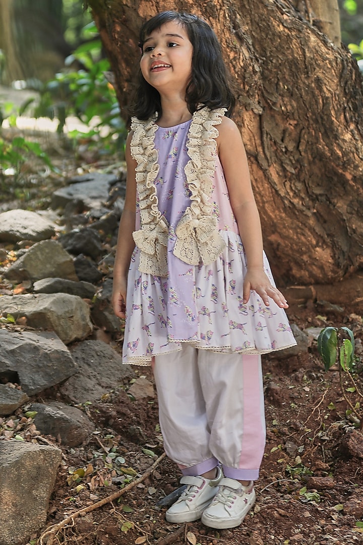 Multi-Colored Cotton Satin Animal Printed A-line Kurta Set For Girls by Little Shiro