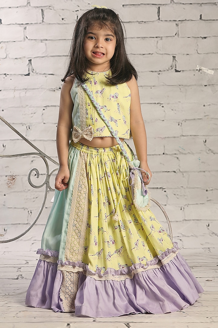 Multi-Colored Cotton Satin Animal Printed Frilled Lehenga Set For Girls by Little Shiro