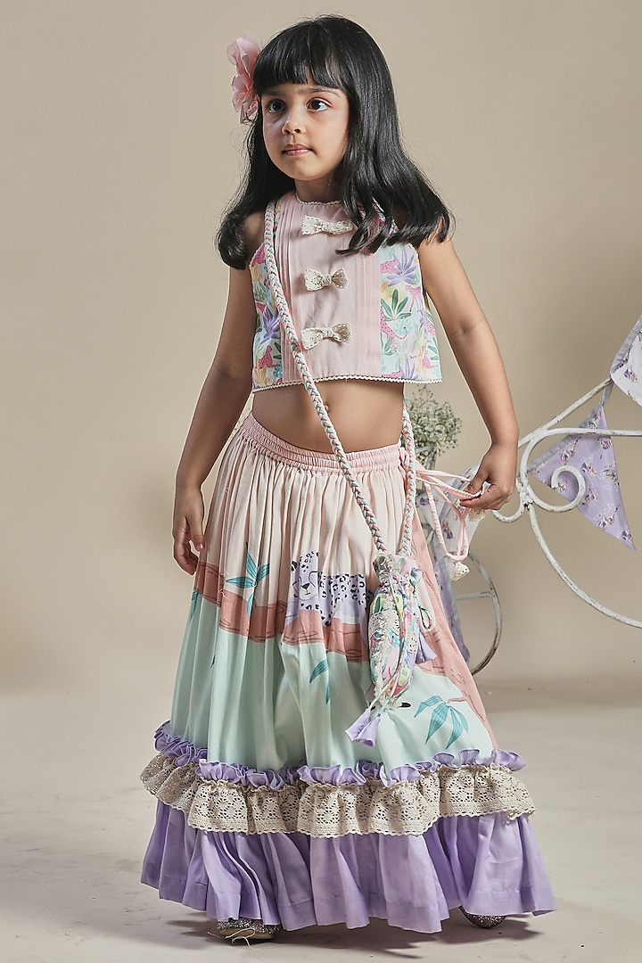 Multi-Colored Cotton Satin Printed Frilled Lehenga Set For Girls by Little Shiro