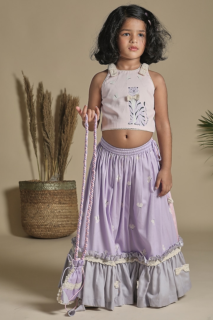 Pink & Lavender Cotton Satin Butterfly Printed Lehenga Set For Girls by Little Shiro