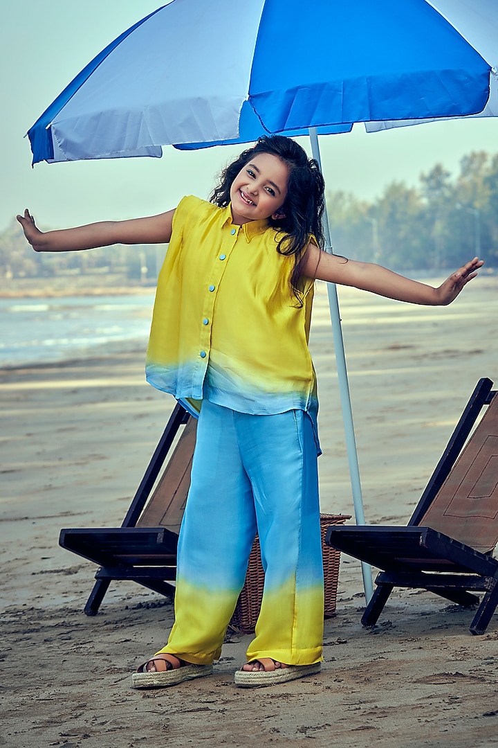 Yellow & Blue Viscose Ombre Co-Ord Set For Girls by Little Luxury