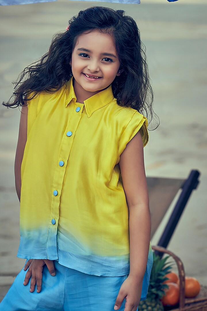 Yellow & Blue Viscose Ombre Co-Ord Set For Girls by Little Luxury at Pernia's Pop Up Shop