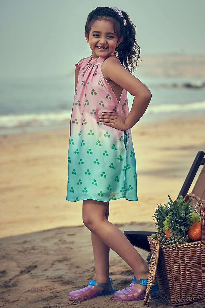 Pink & Aqua Viscose Ombre Dress Set For Girls by Little Luxury