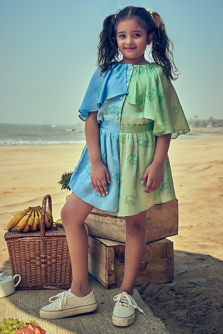 Blue & Aqua Viscose Printed Co-Ord Set For Girls by Little Luxury