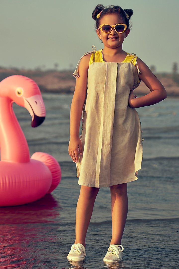 Khaki Linen Dress For Girls by Little Luxury