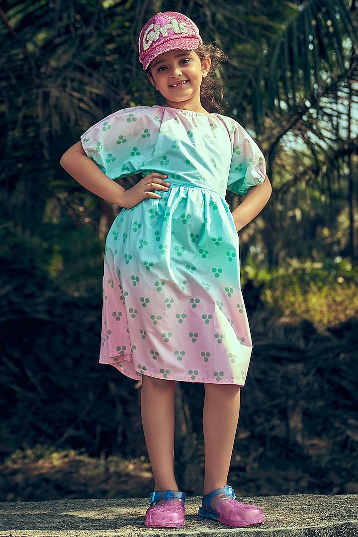 Pink & Aqua Poplin Printed Dress For Girls by Little Luxury
