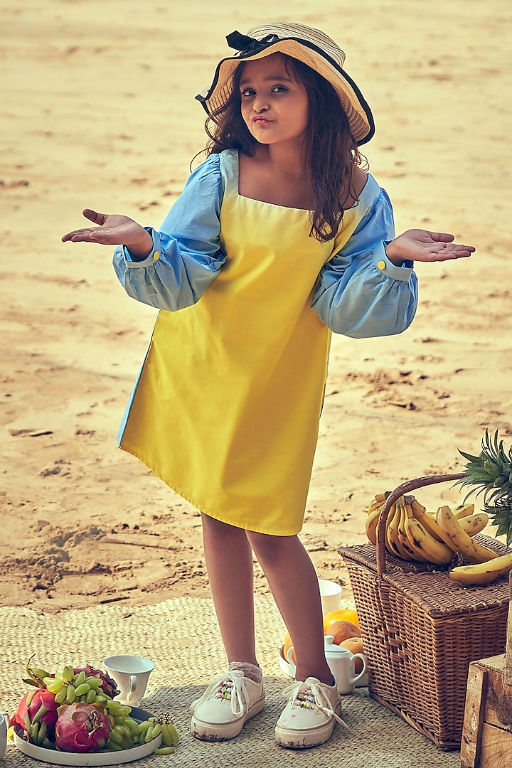 Yellow & Blue Cotton Ombre Dress For Girls by Little Luxury