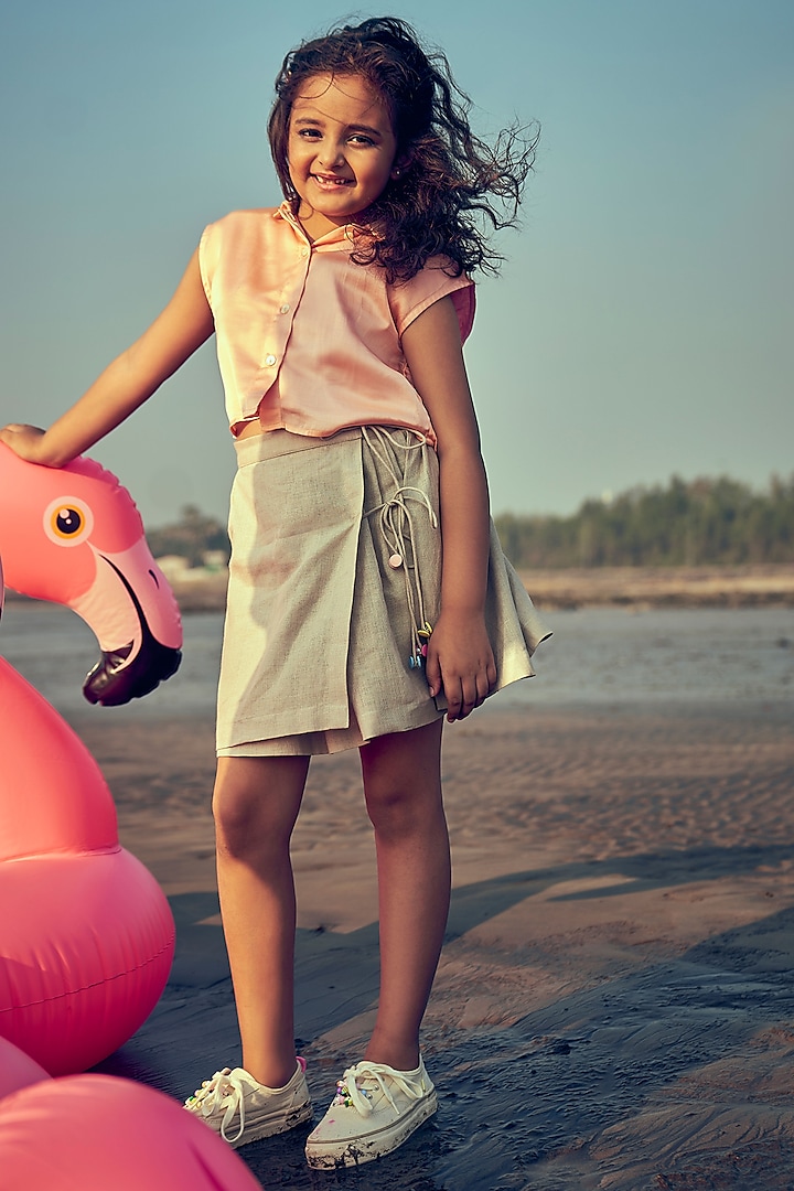 Khaki Linen Skirt Set For Girls by Little Luxury