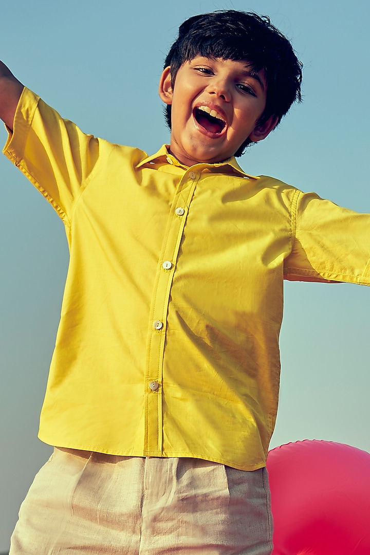 Khaki Linen Pant Set For Boys by Little Luxury at Pernia's Pop Up Shop