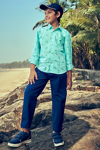 Navy Blue Cotton Twill Pant Set For Boys by Little Luxury