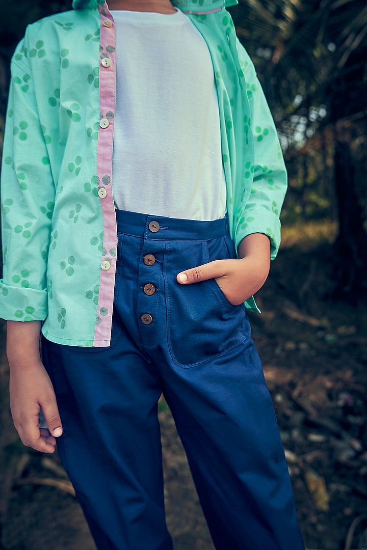 Navy Blue Cotton Twill Pant Set For Boys by Little Luxury at Pernia's Pop Up Shop