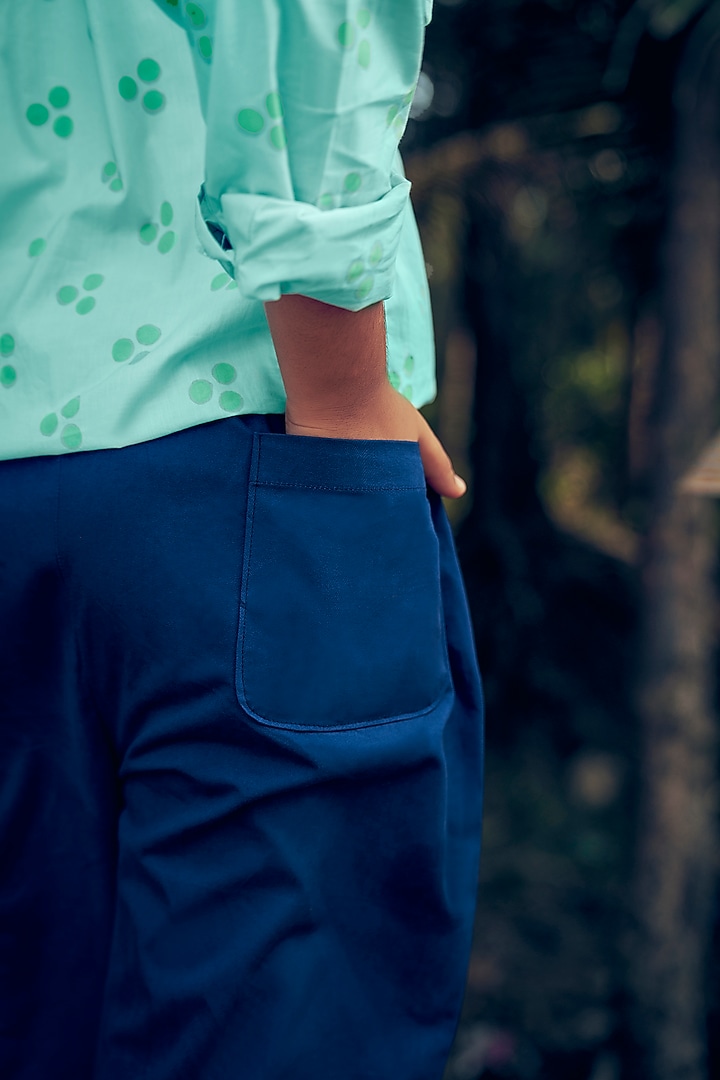 Navy Blue Cotton Twill Pant Set For Boys by Little Luxury at Pernia's Pop Up Shop