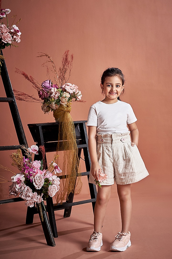 Beige Linen Shorts For Girls by Little Luxury