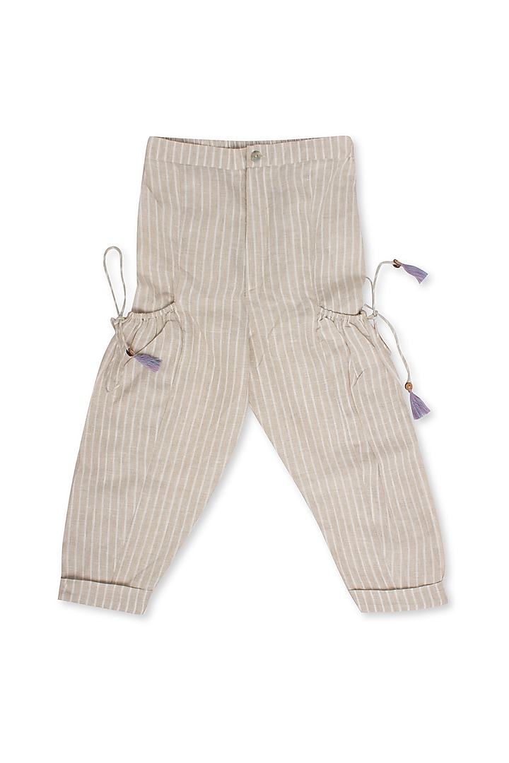 Beige Linen Embellished Baggy Pants For Girls by Little Luxury