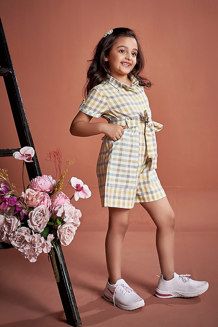 Yellow & Grey Cotton Playsuit For Girls by Little Luxury