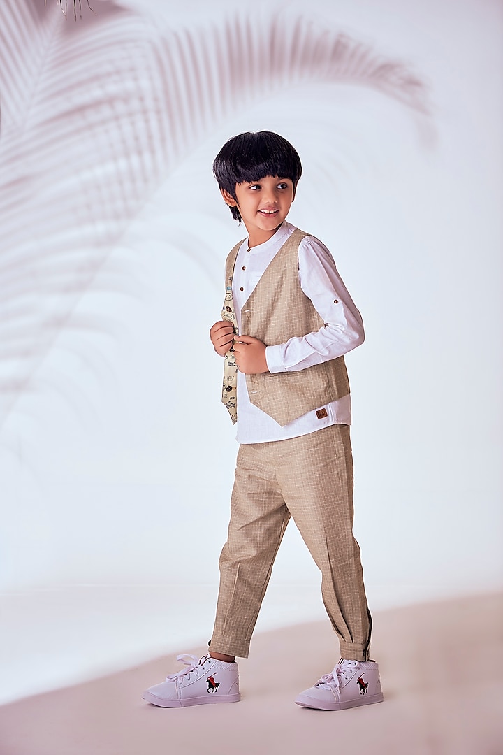 Khaki Linen Reversible Waistcoat For Boys by Little Luxury