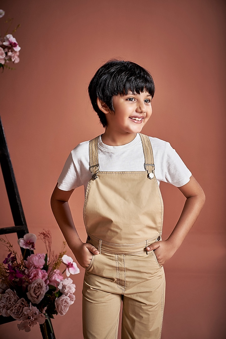 Khaki Cotton Jumpsuit For Boys by Little Luxury at Pernia's Pop Up Shop