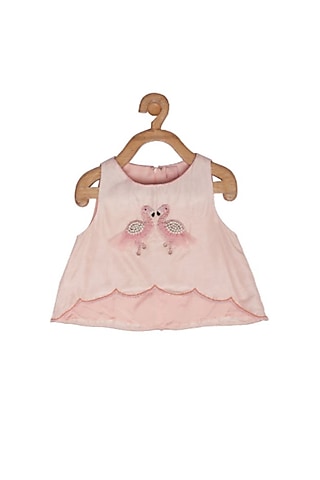 Shell-Pink Embroidered Crop Top For Girls by Little Luxury