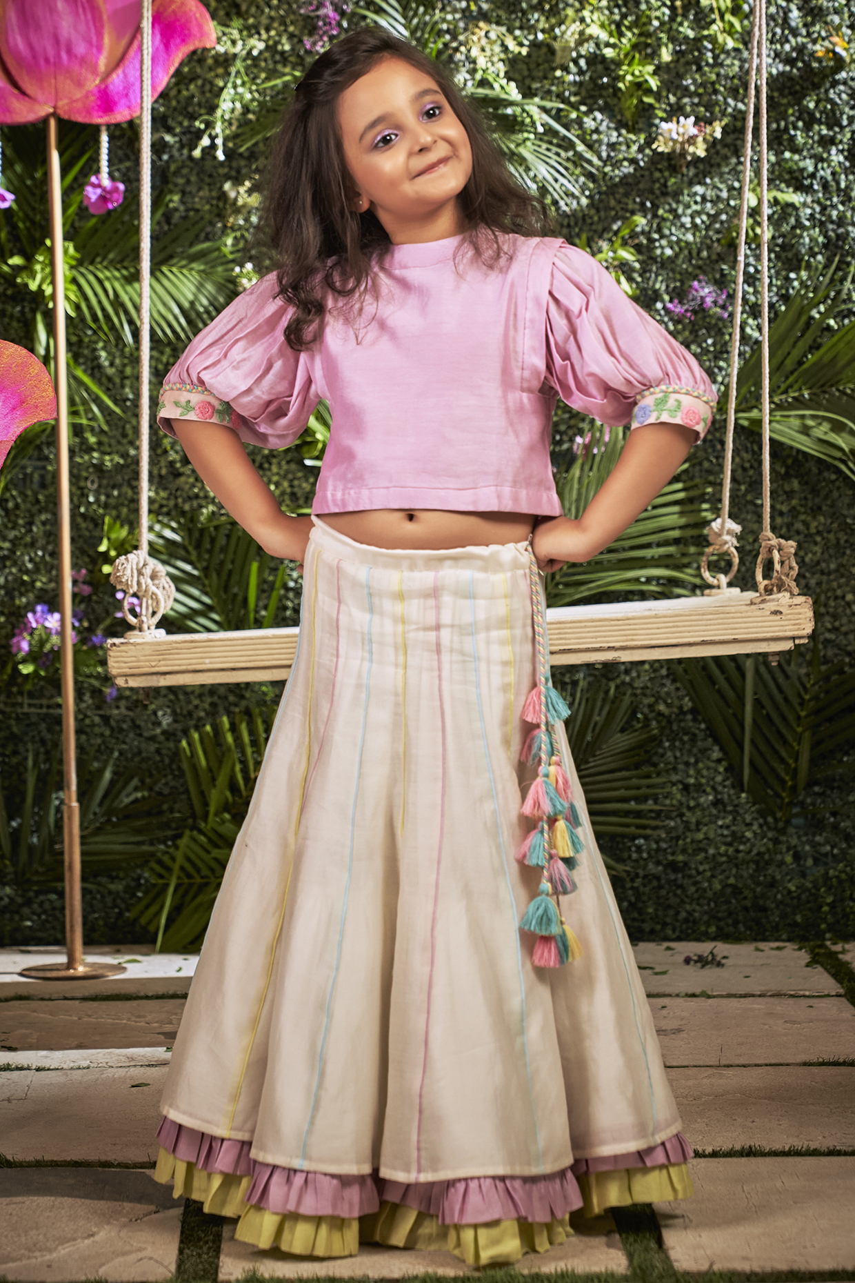 Off-White Chanderi Lehenga Set For Girls by Little Luxury